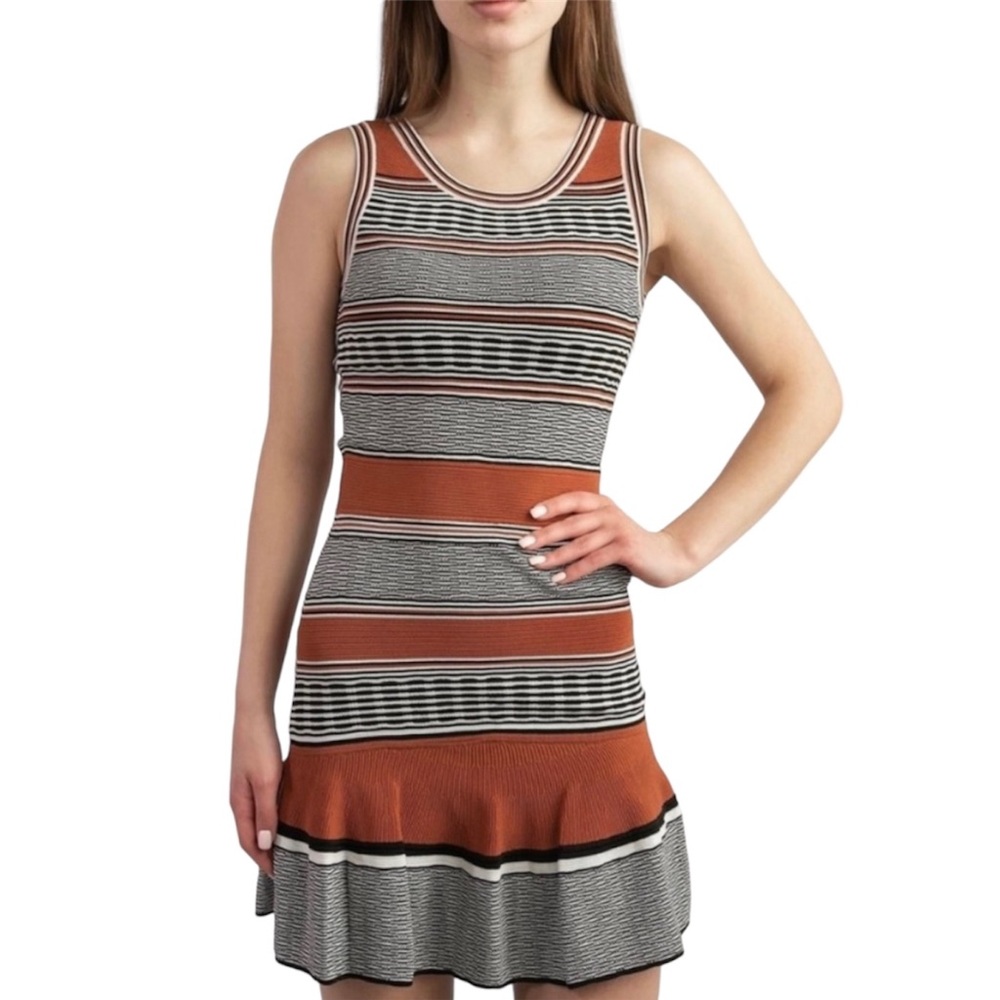 SANDRO Paris Stretch Knit Dress 3 L Large Sleeveless Black Striped Fit Flare